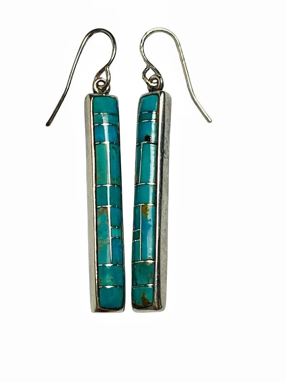 Vintage Sterling Silver  and Inlay Turquoise Bar Dangle Earrings